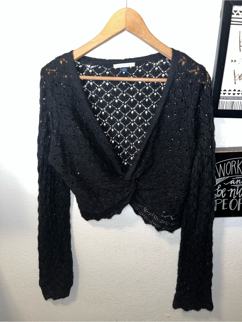 American Eagle Outfitters Black Crochet V-Neck Twist Front Sweater